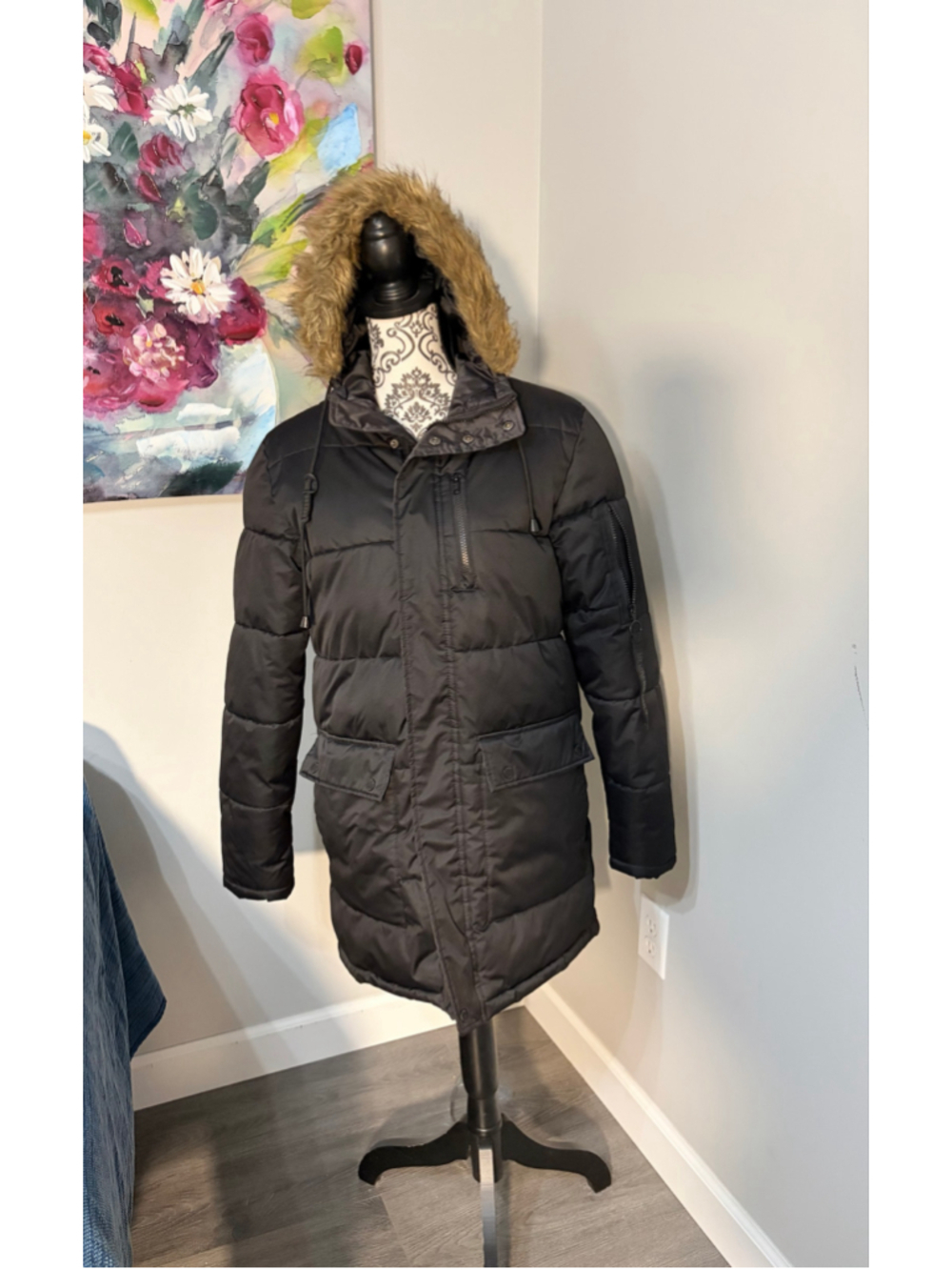 Men's Members Only Puffer Jacket Size S Black Brown Faux Fur Hood